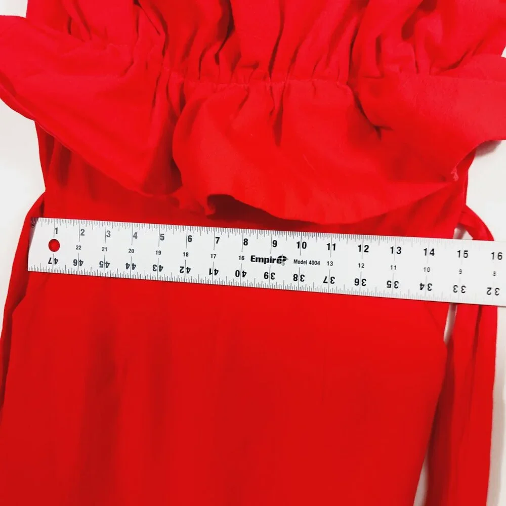 Ambition, Med., Red Strapless Linen Blend Jumpsuit W/ Ruffled Top, Calf Length - Picture 9 of 13